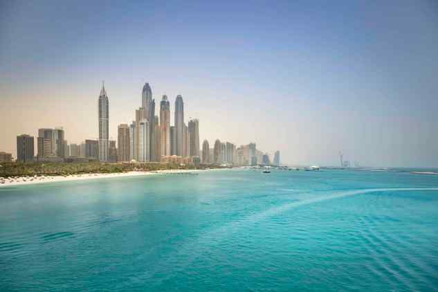 UAE, Dubai, skyline of Dubai Marina with Persian Gulf Coast